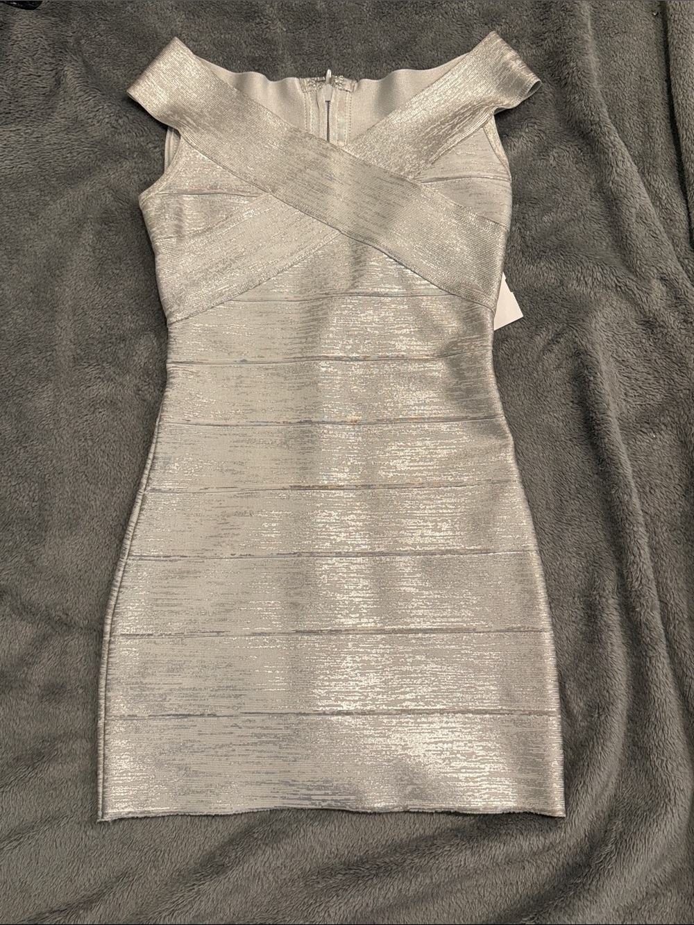 Herve Leger XXS Off-Shoulder Metallic Silver Bandage Dress